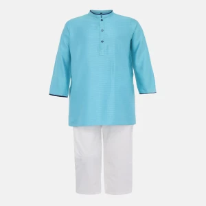 Blue Striped Viscose-Cotton Panjabi Pajama Set